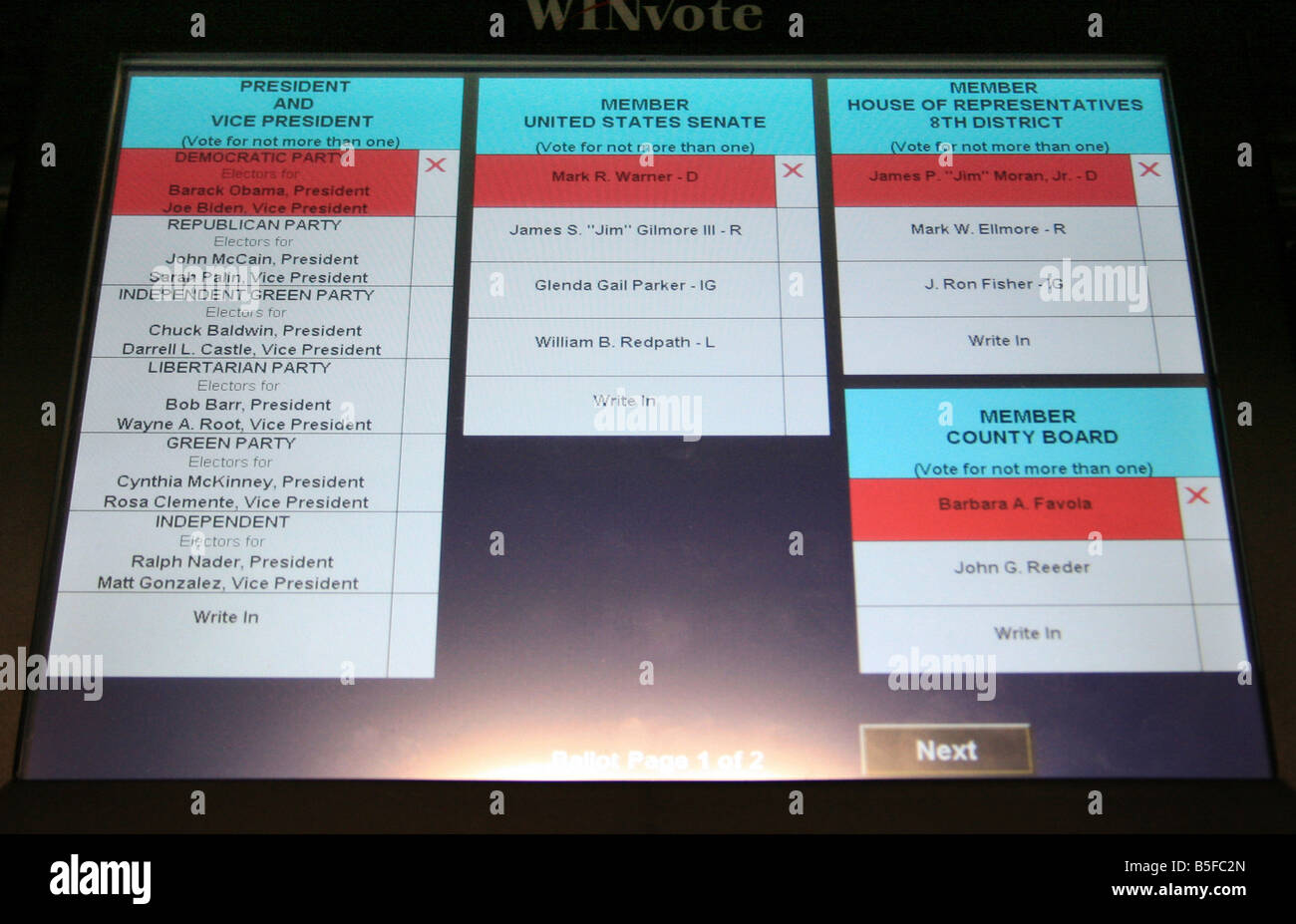USA l'élection présidentielle de 2008 machine électronique lors de Arlington, Virginia, USA - montrant le nom de Barack Obama et Joe Biden. Banque D'Images