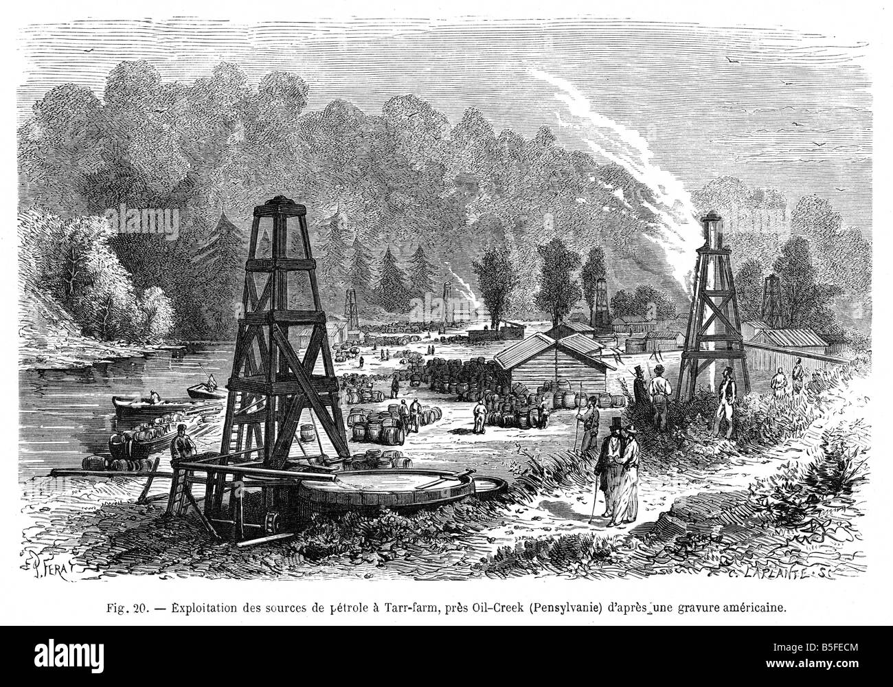 Tarr Farm Oil Creek Montana 1866 gravure du premier oilfield soient exploitées par forage de puits Banque D'Images