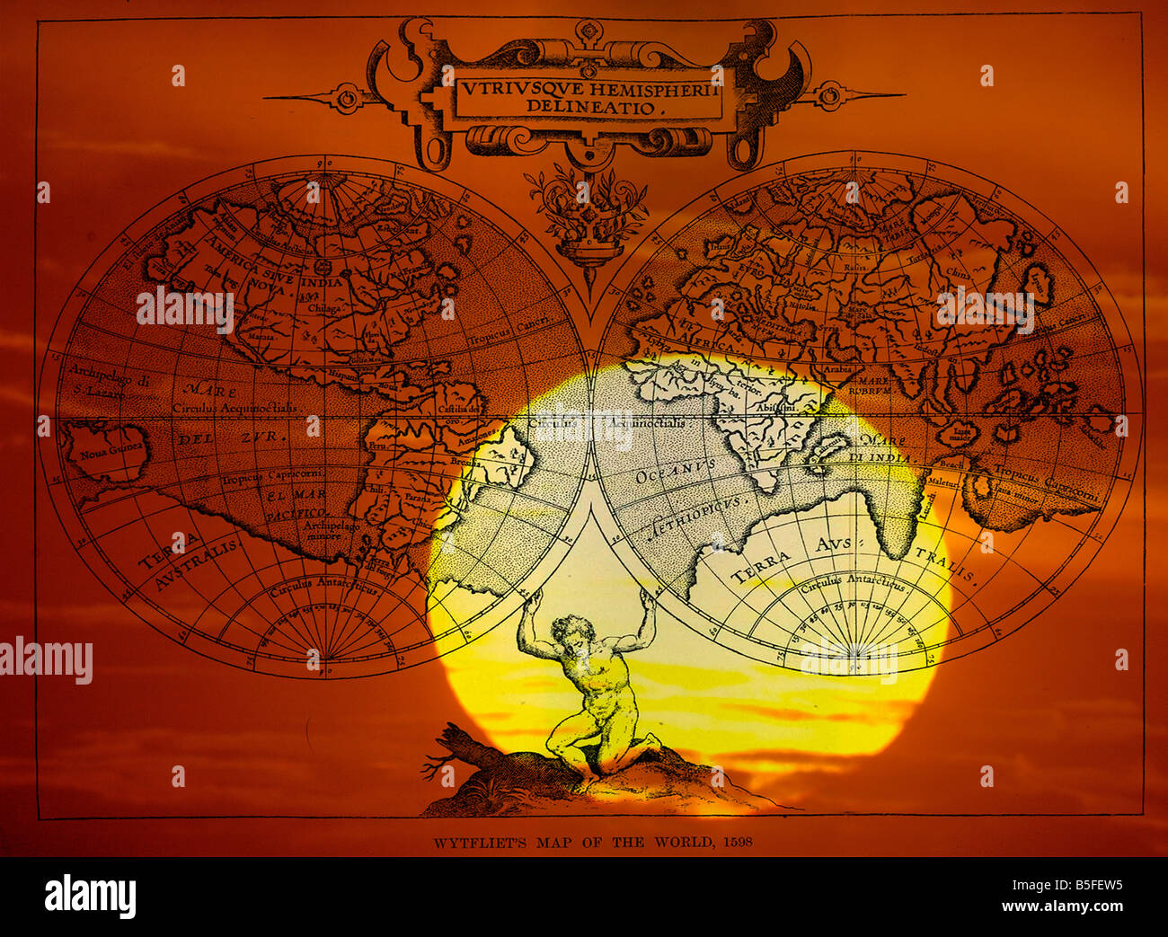Ancienne carte du monde réunies sur le coucher du soleil Banque D'Images