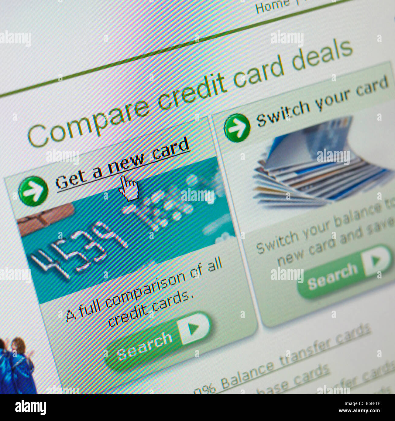 L'écran de l'ordinateur SITE WEB CRUNCH Crise d'économiser de l'argent : COMPARER COMPARAISON DES CARTES DE CRÉDIT Banque D'Images