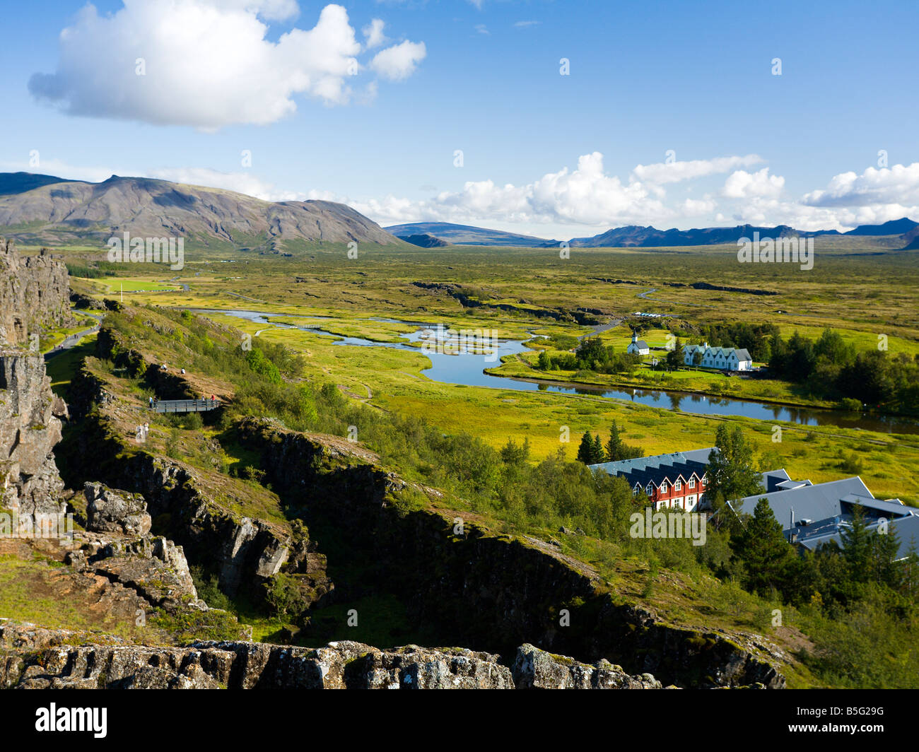 Vue sur Thingvallabaer et parc national de Þingvellir Islande Banque D'Images