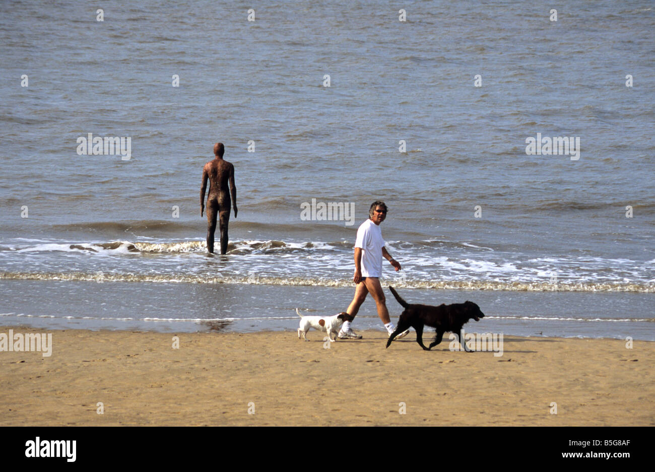 Antony Gormley Exposition "Un autre endroit", avec passant et chien, Crosby Beach, près de Liverpool, Angleterre 2005 Banque D'Images
