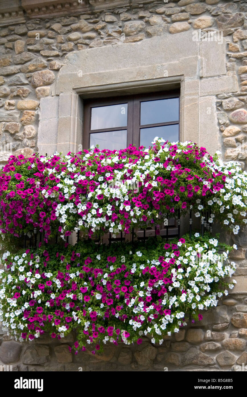 Boîte de fenêtre avec des fleurs dans la ville de Potes Cantabria Liebana, nord-ouest de l'Espagne Banque D'Images