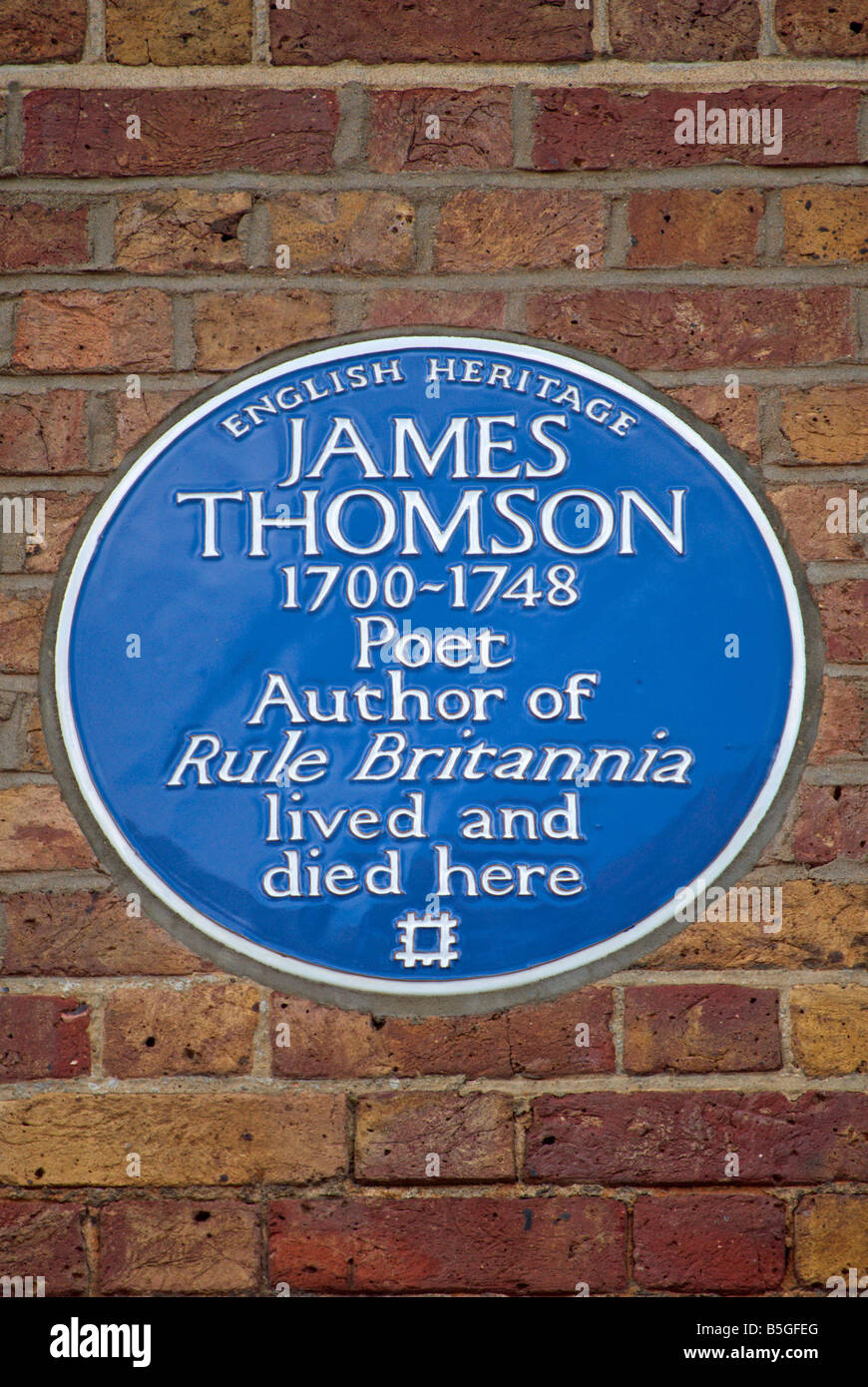 English Heritage blue plaque marquant un accueil de James Thomson, auteur Rule Britannia, Richmond, Surrey, Angleterre Banque D'Images