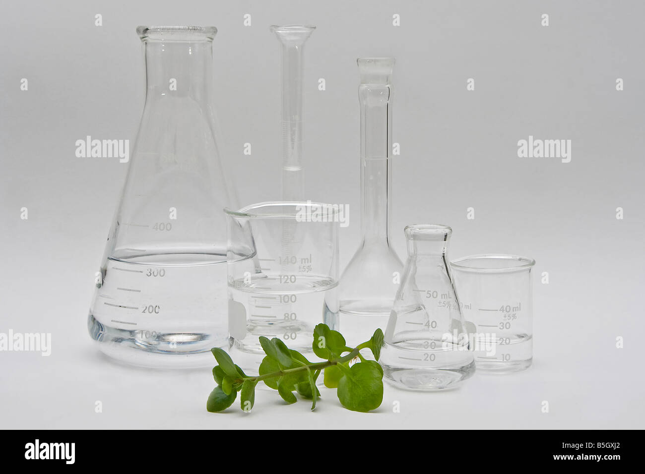 Propre et claire pour la chimie des produits de beauté cosmétiques liquides clairs dans une variété de bouteilles et flacons sur fond blanc Banque D'Images