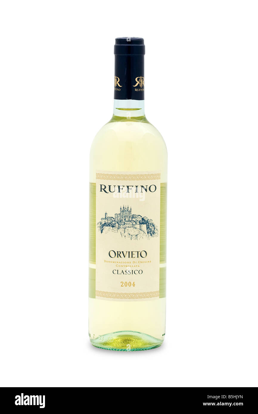 Orvieto ruffino classic 2004 Vin de paille d'or blanc pâle arômes abricot basilic melon florale en lumière très joliment corsé Banque D'Images
