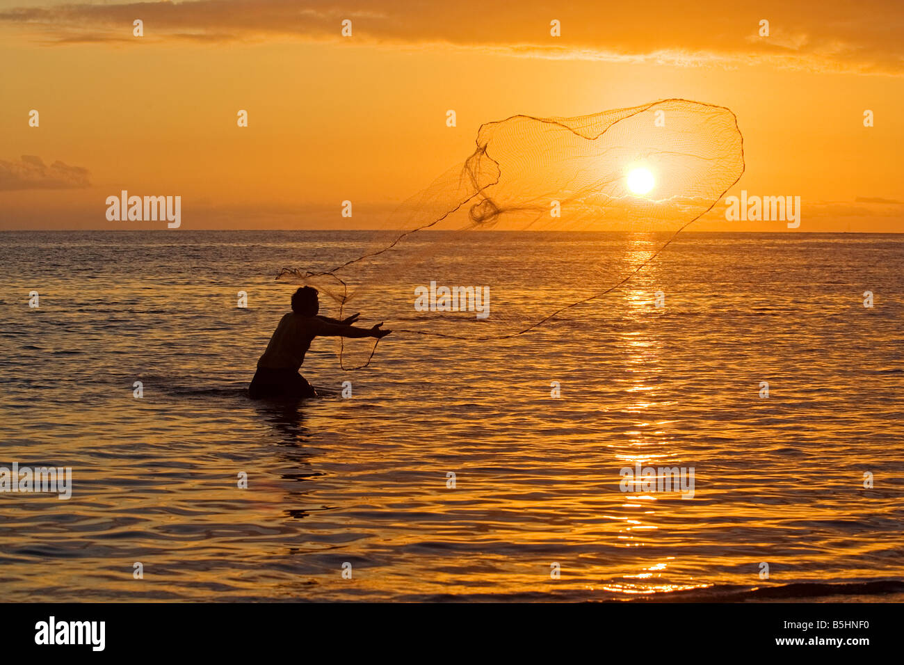 Un homme hawaïenne jette son filet au coucher du soleil à olowalu, Maui, Hawaii Banque D'Images