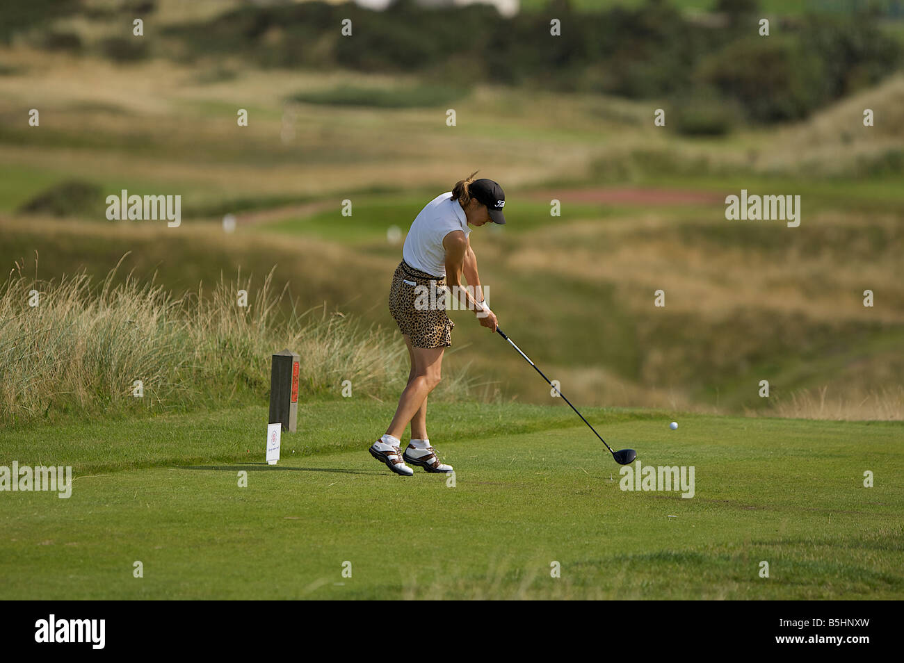 La conduite hors golfeur dame de la frapper abattu le fairway Banque D'Images