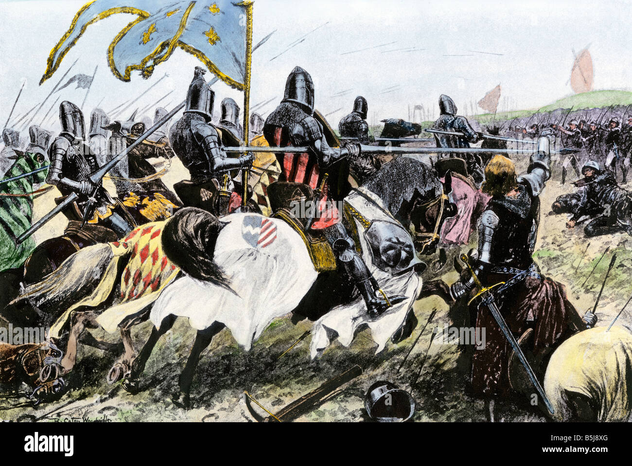 Charge de chevaliers français contre anglais à Crécy vissent pendant la Guerre de Cent Ans 1346. La main, d'une illustration de demi-teinte Banque D'Images
