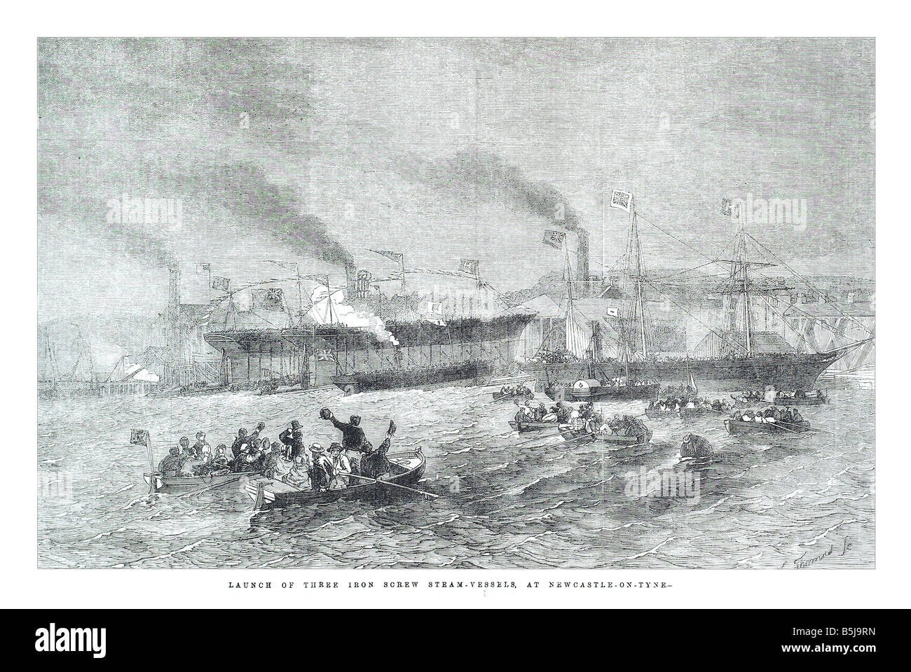 Lancement de trois navires à vapeur vis fer à Newcastle on Tyne 22 mars 1856 l'Illustrated London News Page 304 Banque D'Images