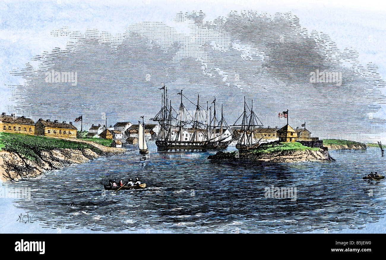 Sackets Harbor sur le lac Ontario en 1814 une station navale des États-Unis dans la guerre de 1812. À la main, gravure sur bois Banque D'Images