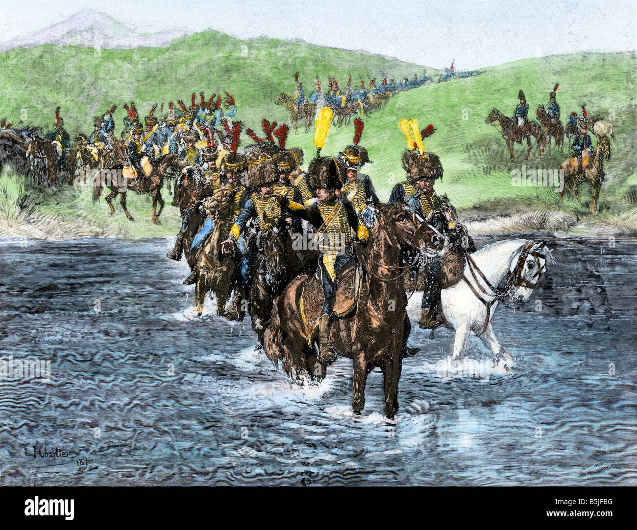 Cavalerie française une rivière à gué pendant leur invasion de l'Espagne Guerres Napoléoniennes. La main, d'une illustration de demi-teinte Banque D'Images