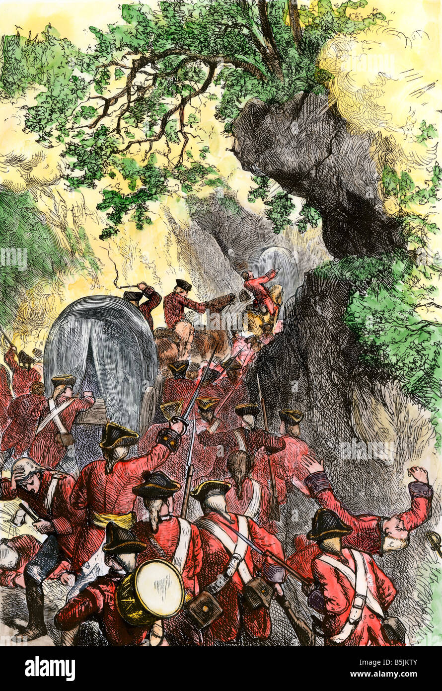 Braddock forces s dans une embuscade sur leur mars au fort Duquesne, guerre de 1755. À la main, gravure sur bois Banque D'Images