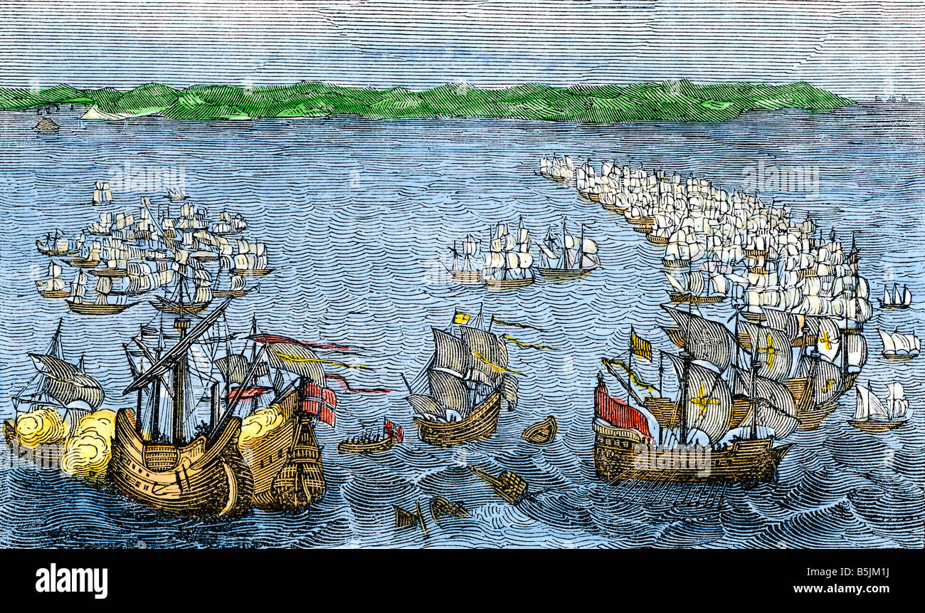 Défaite de l'Invincible Armada espagnole par la marine anglaise 1588. À la main, gravure sur bois Banque D'Images