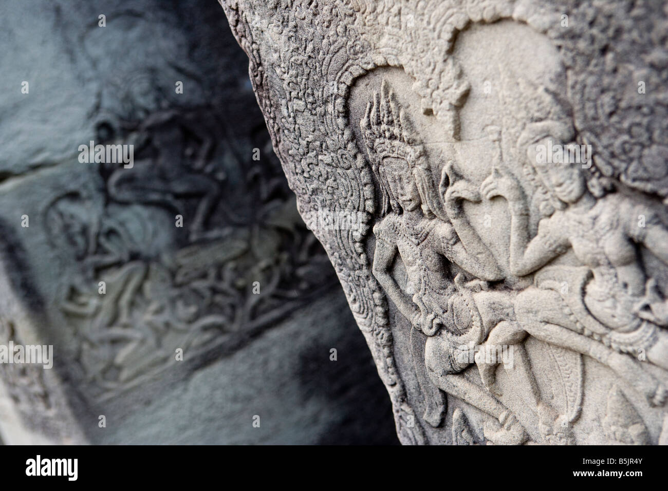 Détail de la sculpture ornée complexes sur les murs du Bayon temple Temples d'Angkor Wat, Siem Reap Cambodge Banque D'Images