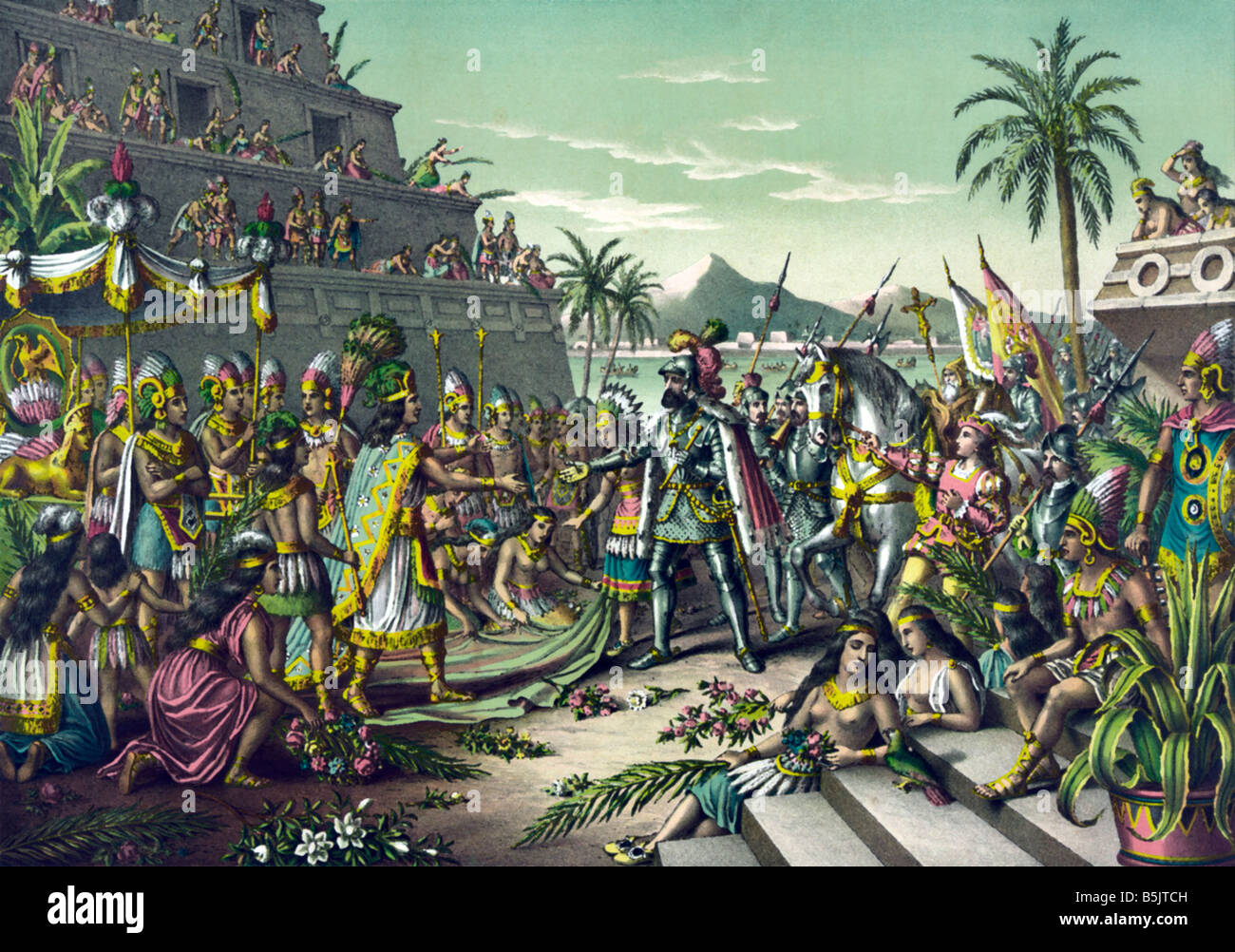 Le conquistador cortez arrive au Mexique Banque D'Images