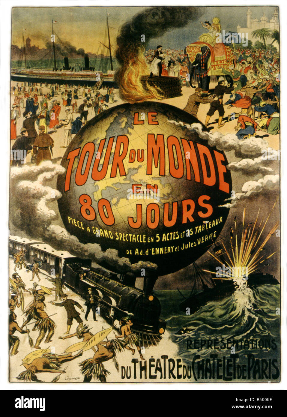 Affiche pour la pièce de théâtre de Jules Verne "Le tour du monde en 80