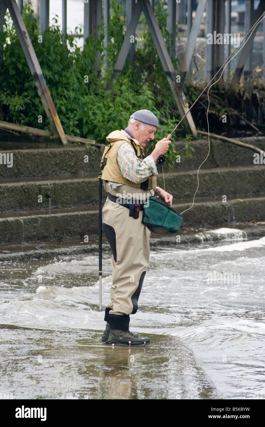 Personnes âgées La pêche à la mouche Pêche à la mouche La pêche à la ligne Molesey Weir La Tamise Surrey La Retraite Banque D'Images