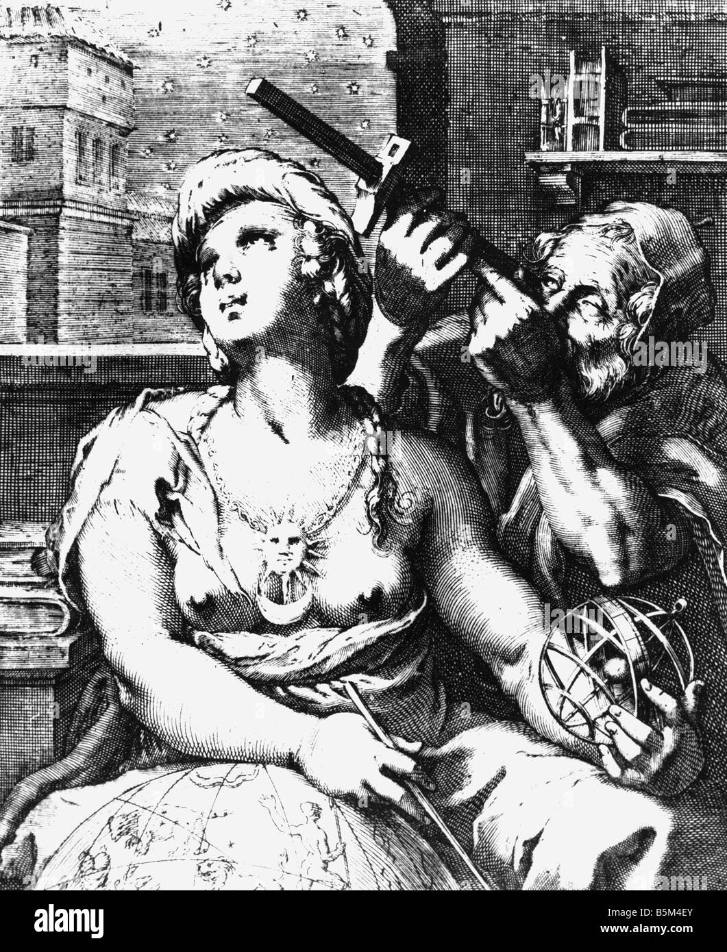 L'astronomie, allégories, Urania et astronome, gravure sur cuivre par Hendrick Goltzius, 1590, l'artiste n'a pas d'auteur pour être effacé Banque D'Images