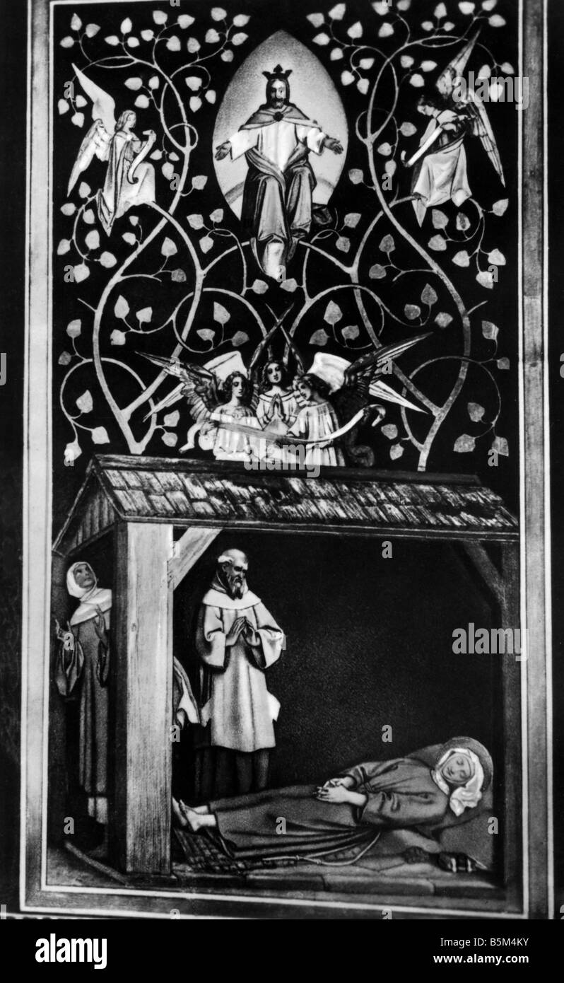 Elisabeth de Hongrie, 1207 - 17.11.1231, Saint, Comtesse d'Andechs - Merania, pleine longueur, sa mort, fresque, par Moritz von Schwind, Wartburg, Eisenach, Allemagne, Banque D'Images