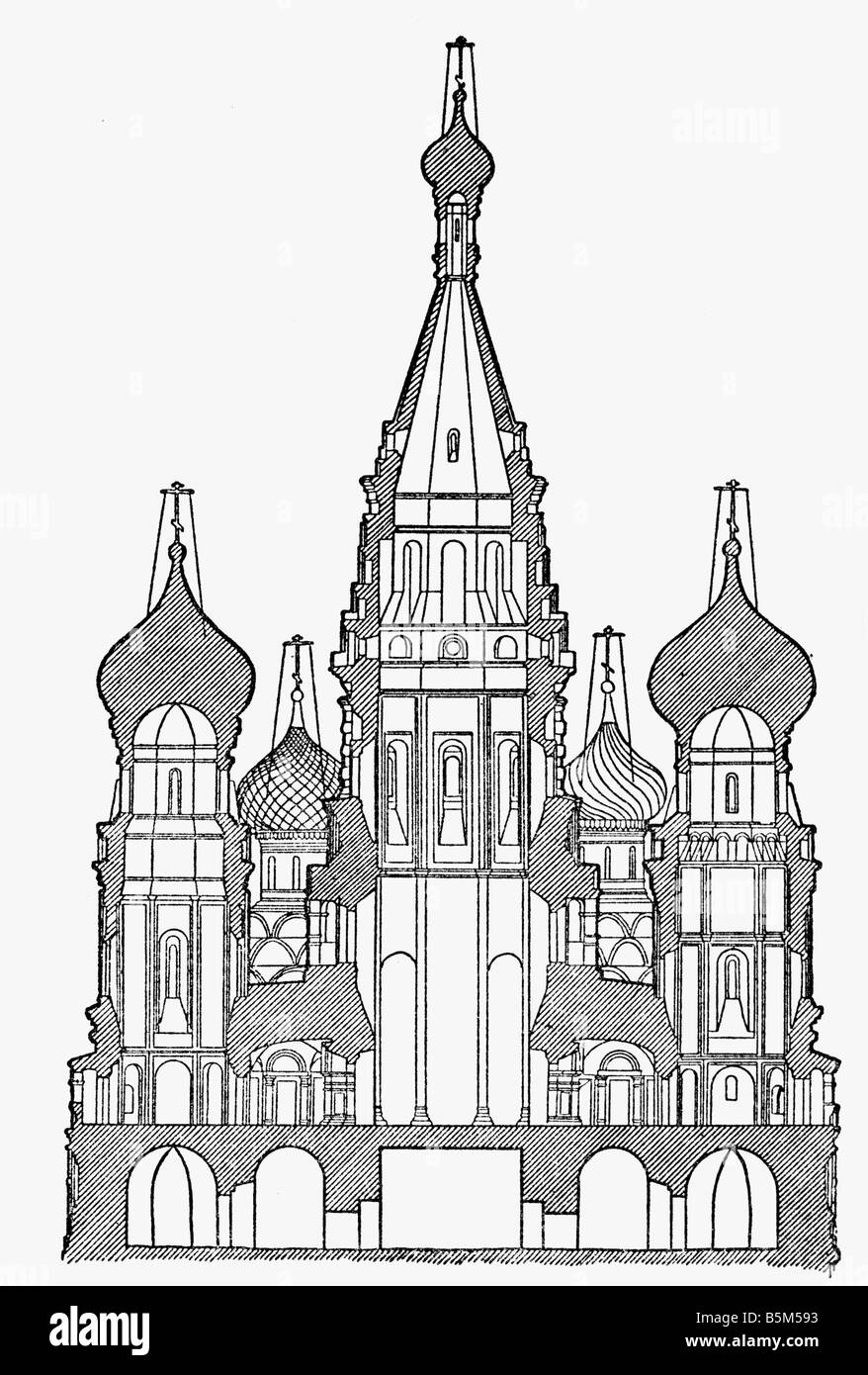 Architecture, églises et monastères, Russie, cathédrale Saint Basil le bienheureux, Moscou, construit 1500 - 1560 par Postnik Jakovlev, section transversale, dessin, XXe siècle, église russe, basil, historique, Banque D'Images