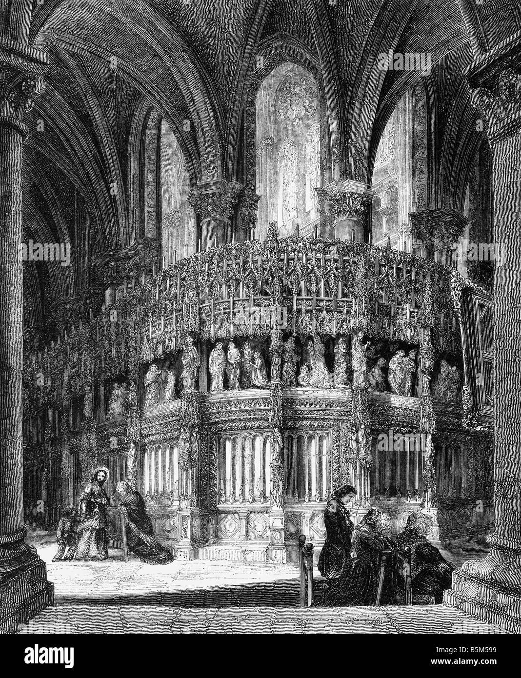 Géographie / voyages, France, Chartres, Cathédrale notre Dame, vue intérieure, choeur, gravure en bois, XIXe siècle, Banque D'Images