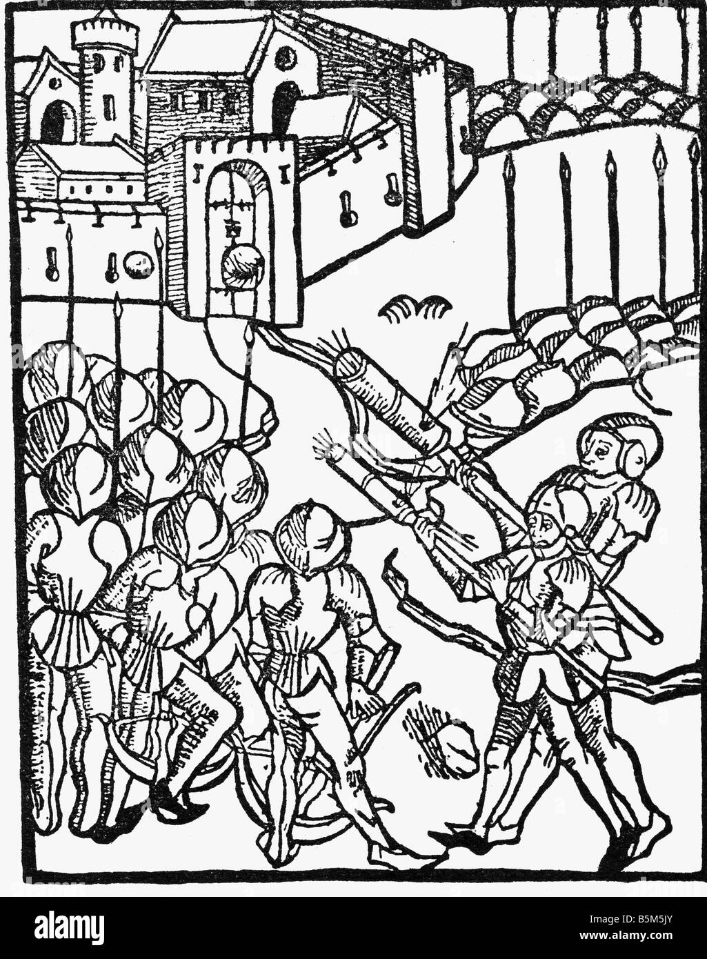 Moyen âge, guerre, siège d'une ville, coupe de bois, 'Rudimentum noviciorum', imprimé par Brandis, Luebeck, 1475, , Banque D'Images