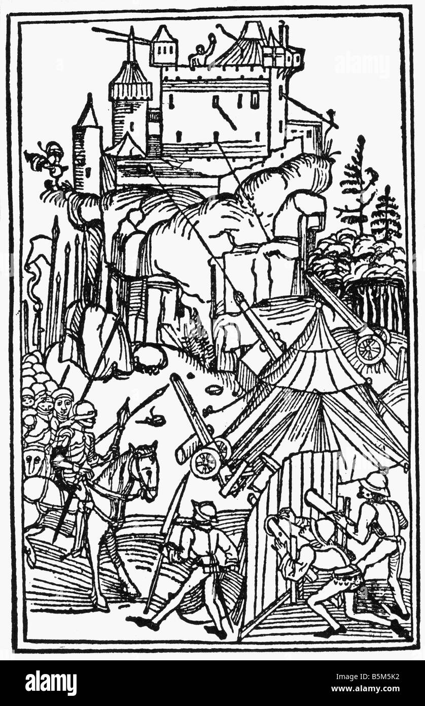 Moyen âge, guerre, siège d'un château, coupe de bois, 'Swabian Chronicle' par Thomas Lirer, Ulm, 1486, , Banque D'Images