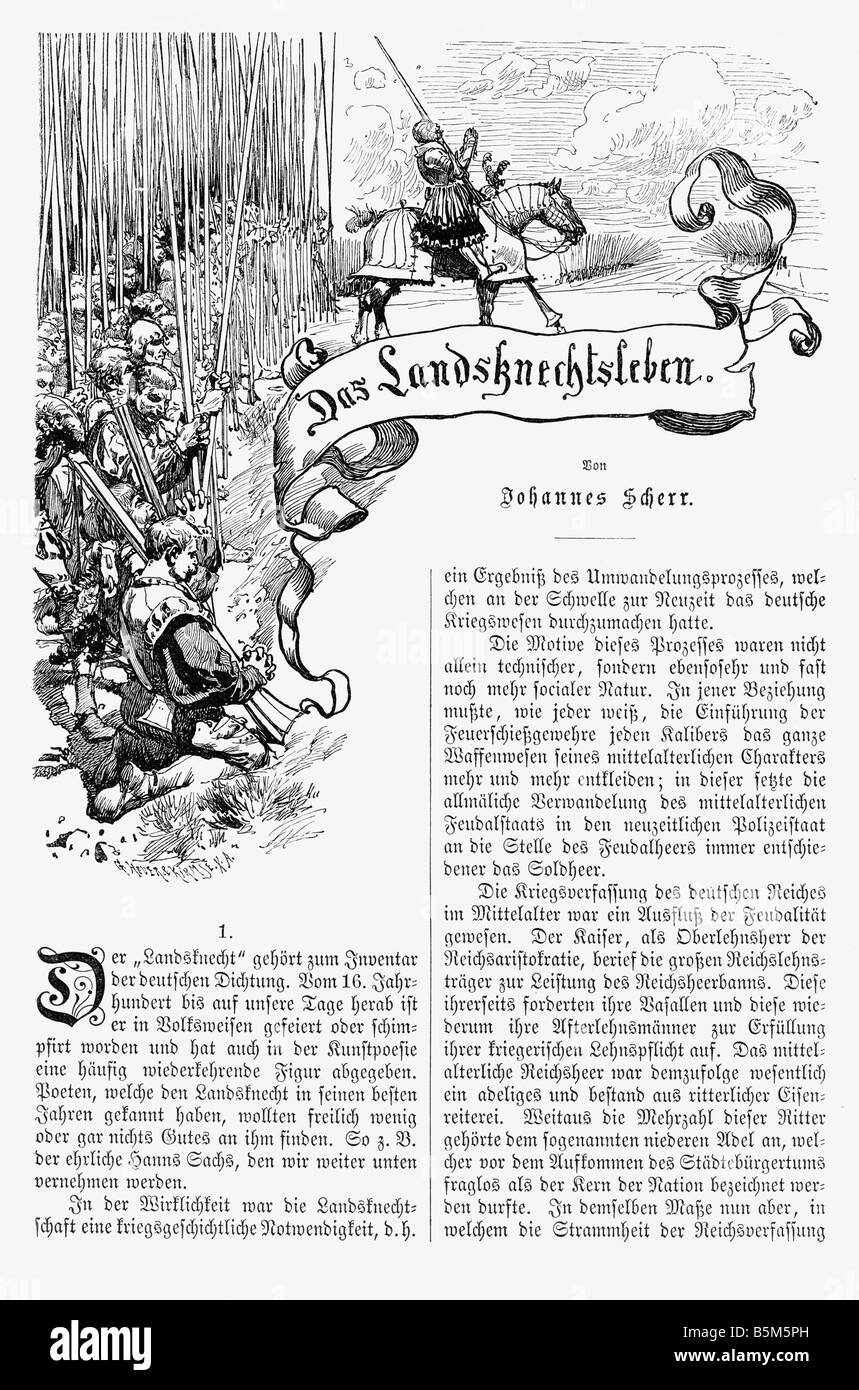 Militaire, Landsknechts, priant avant la bataille, gravure en bois à l'article 'das Landsknechtsleben' ('Landsknecht LIFE') de Johannes Scherr (1817 - 1886), XIXe siècle, , Banque D'Images