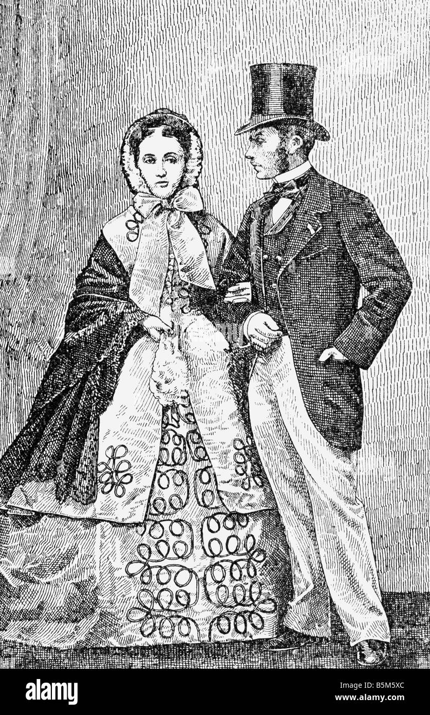 Mode, XIXe siècle, femmes et hommes mode France, couple, gravure en bois, vers 1860, Banque D'Images