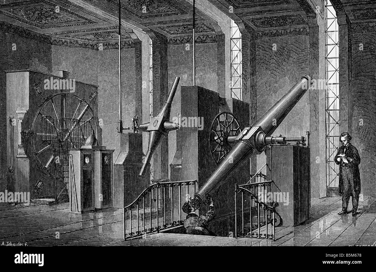 Astronomie, observatoires, Observatoire de Paris, vue intérieure, télescopes, gravure en bois, 2ème moitié du XIXe siècle, Banque D'Images