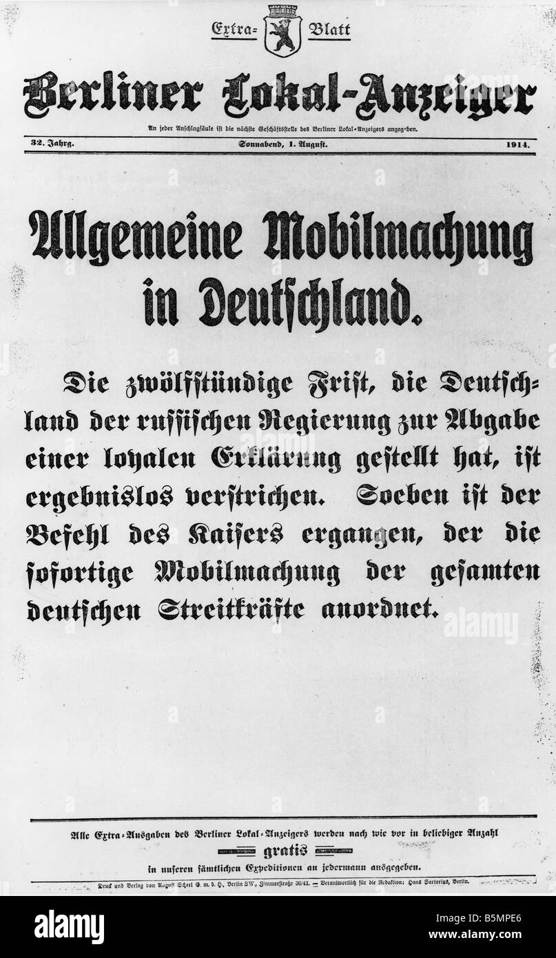 9 1914 8 1 E1 1914 édition supplémentaire de mobilisation de la Seconde Guerre mondiale 1 1914 18 Déclaration de la guerre, l'empereur Guillaume II ordonne l'mobilizat d'ions Banque D'Images