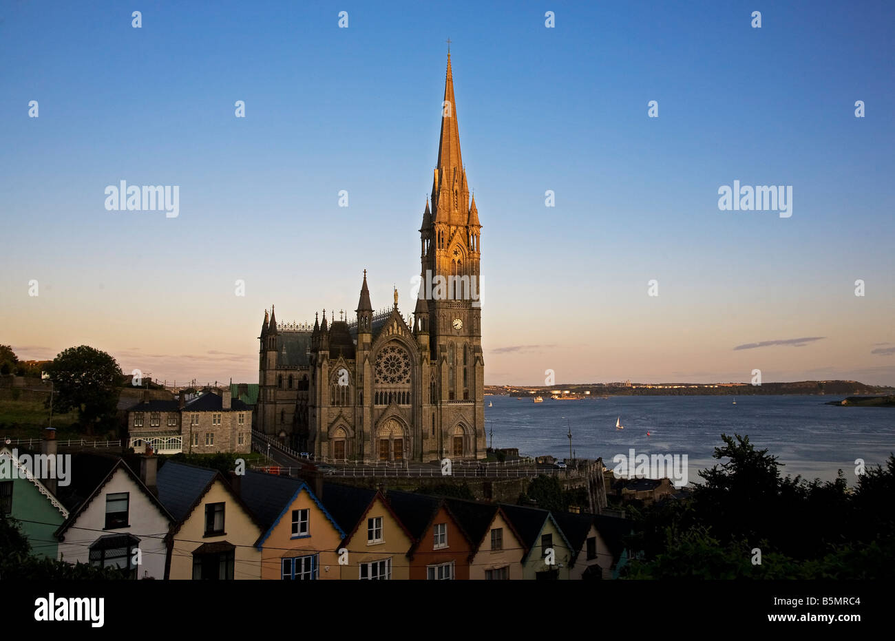 Lumière du soir sur la cathédrale St Coleman, Cobh Cork Harbour, avec en arrière-plan, dans le comté de Cork, Irlande Banque D'Images