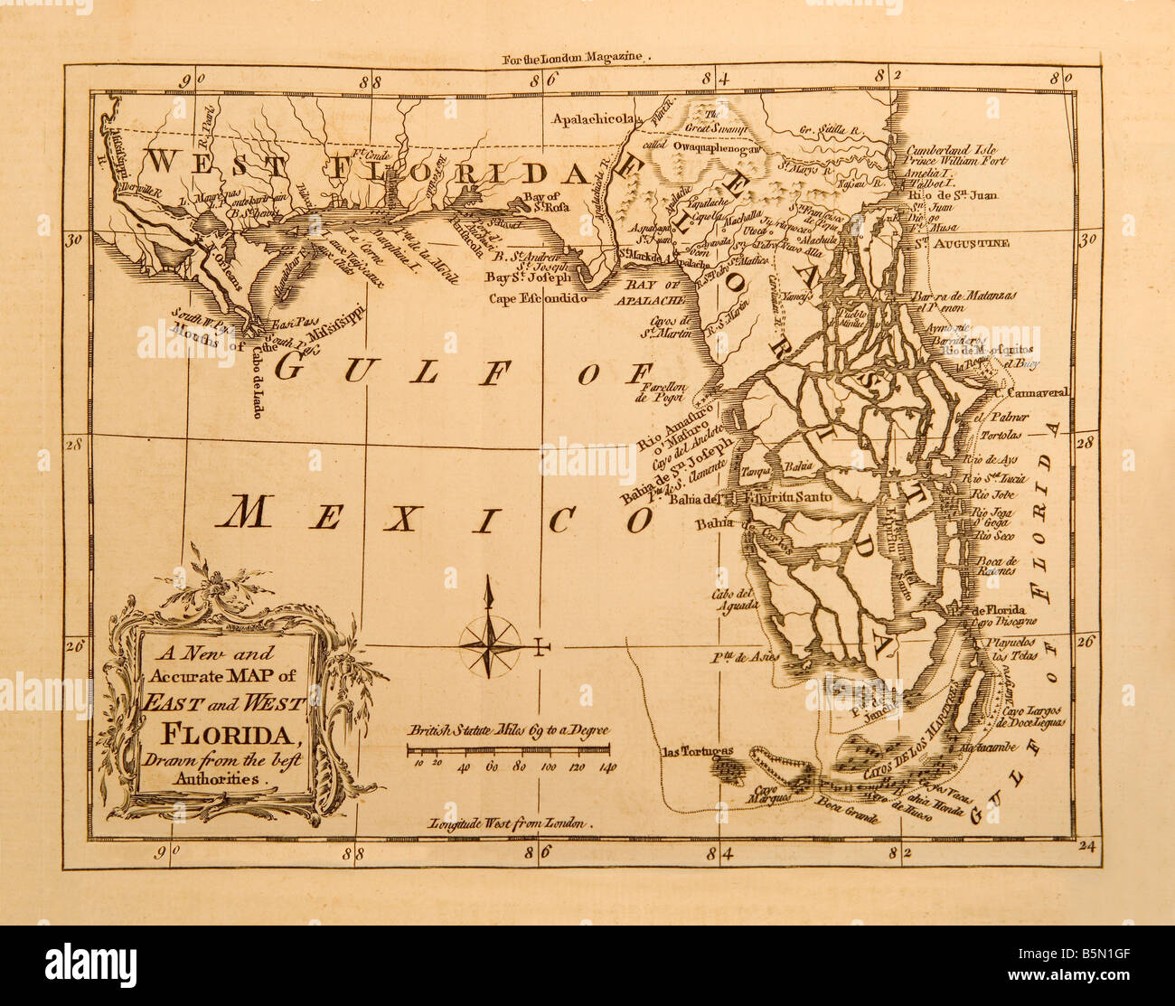 Une vieille carte de l'état de Floride en Amérique a fait en 1764 pour le Magazine de Londres Banque D'Images