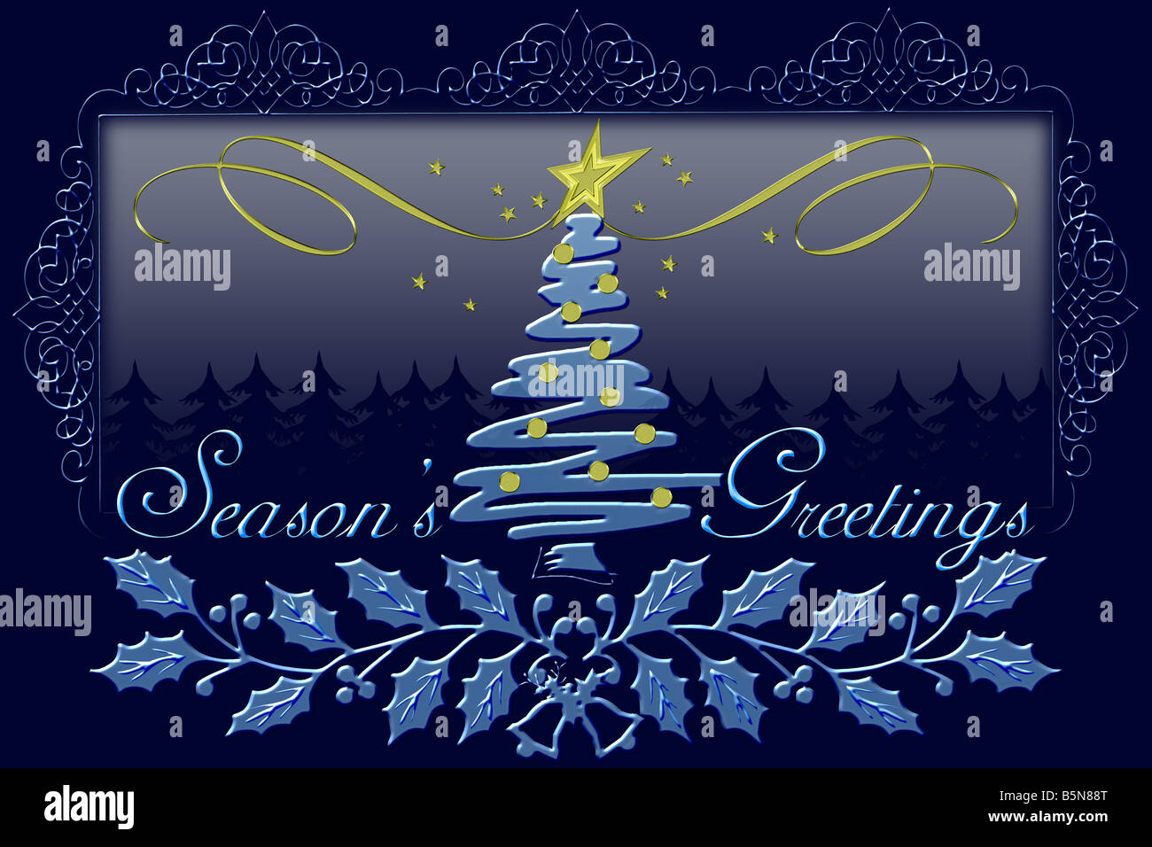 Season's Greetings carte stylisée contre fond bleu foncé Banque D'Images