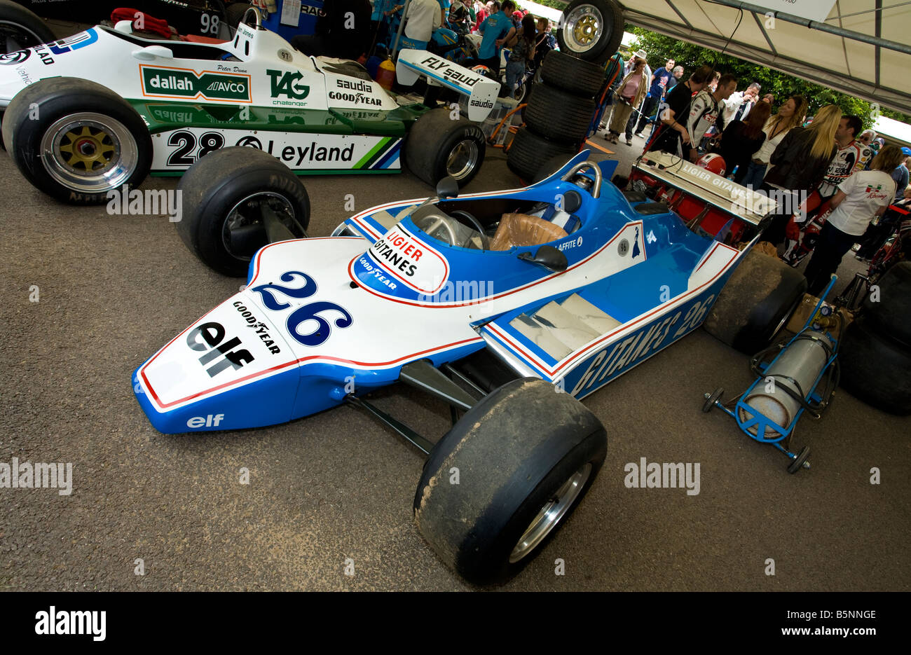 JS11 Ligier-Cosworth 1980 voiture de Formule 1 dans le paddock à Goodwood Festival of Speed, Sussex, UK. Banque D'Images