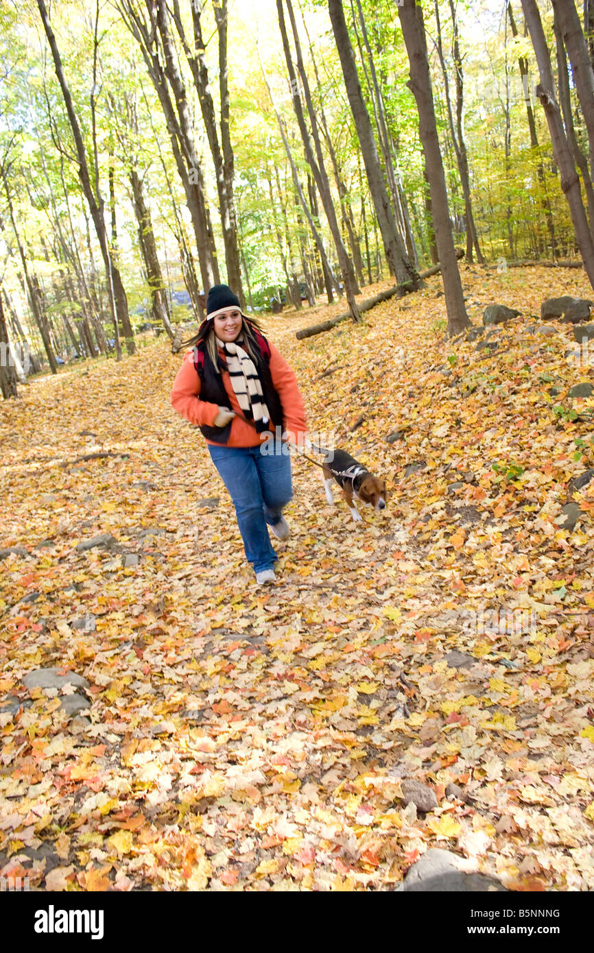 Une jeune femme promener son chien dans les bois Banque D'Images