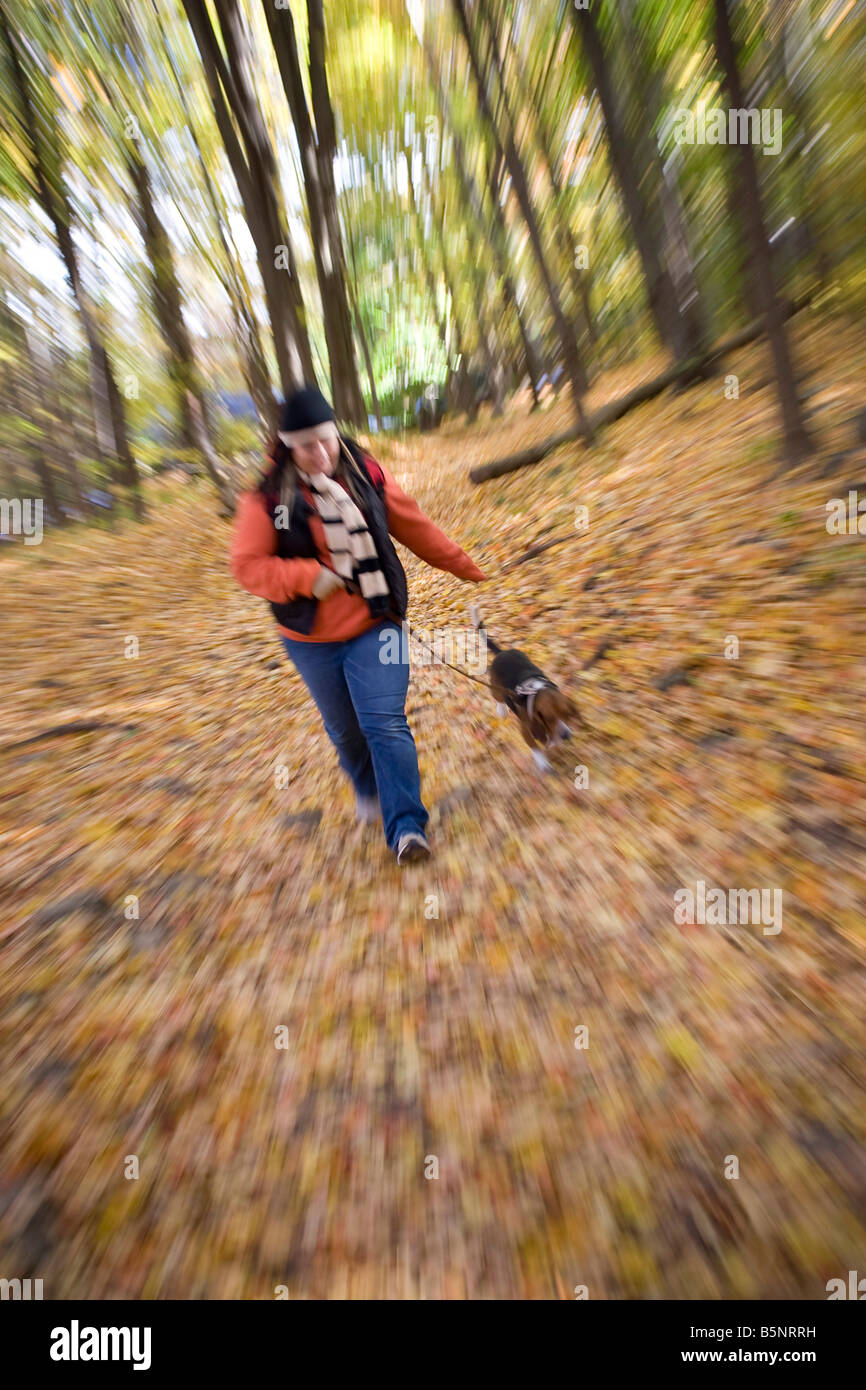 Une jeune femme promener son chien dans les bois avec un effet de flou de zoom Banque D'Images
