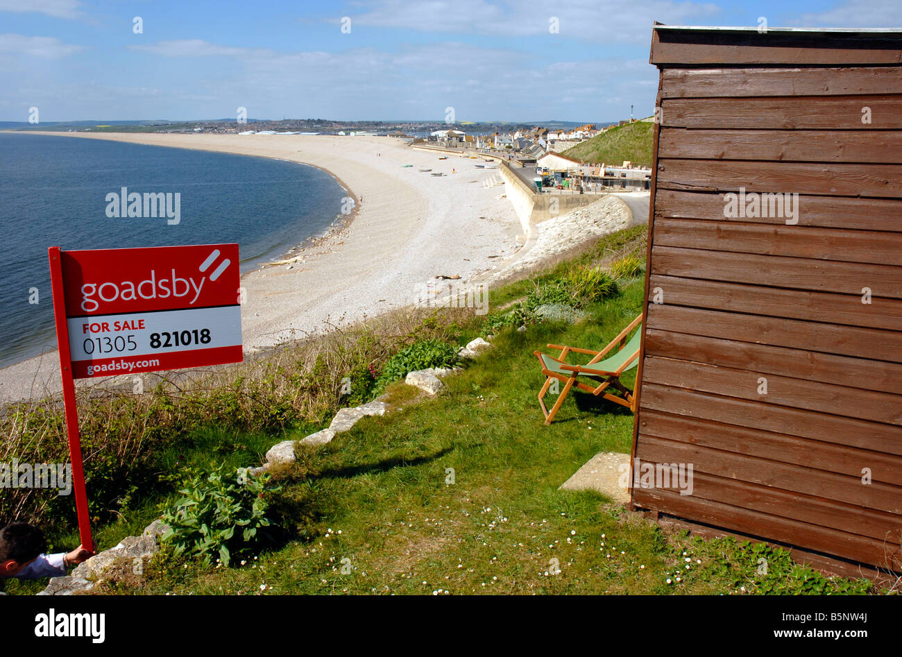 Cabane de plage à vendre, Portland, Dorset, Angleterre, Royaume-Uni Banque D'Images