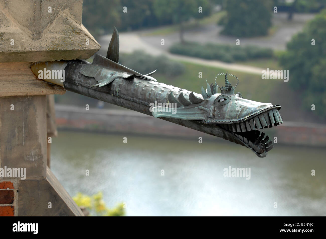 'Close up' de style gargouille gouttière de la tuyère d'eau populaires sur les églises en Pologne, Wroclaw, Pologne Banque D'Images