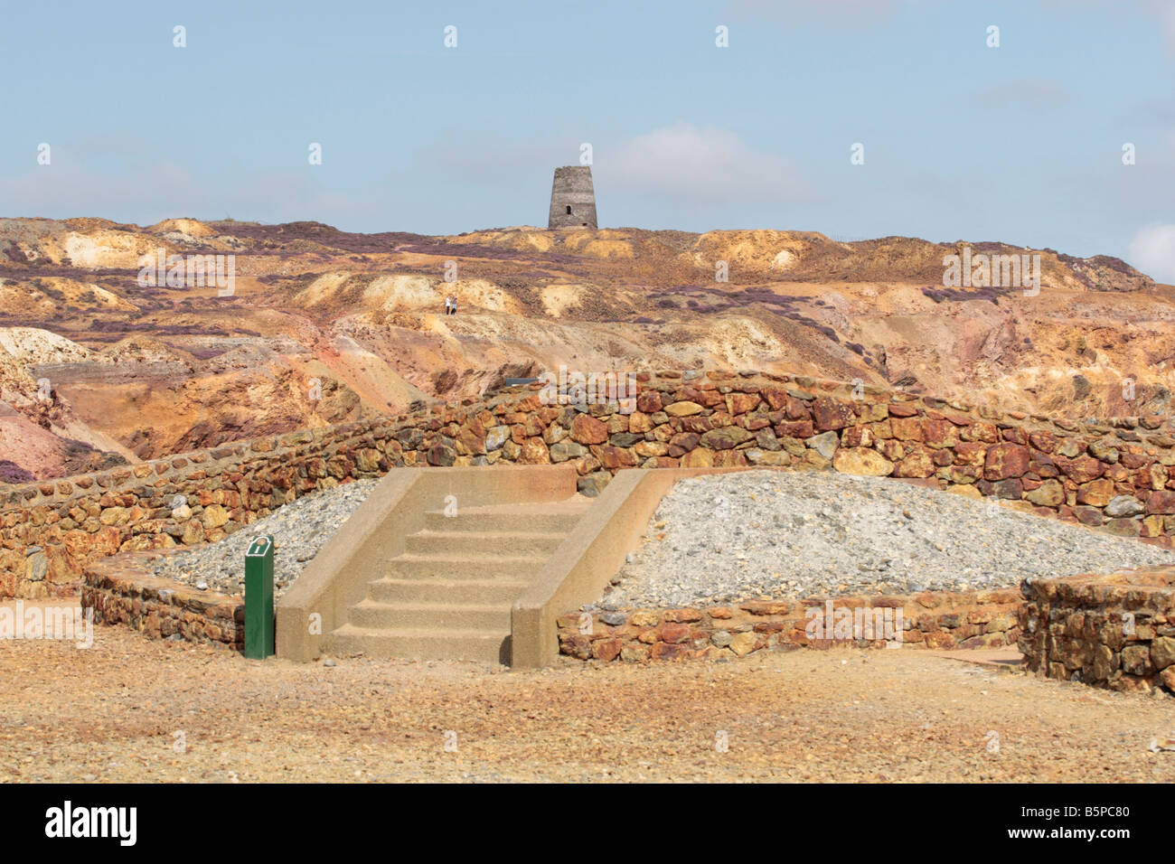 Marcher sur un chemin à travers les vestiges de la mine de cuivre de Mynydd Parys montagne près de Holyhead, Anglesey, Pays de Galles Banque D'Images