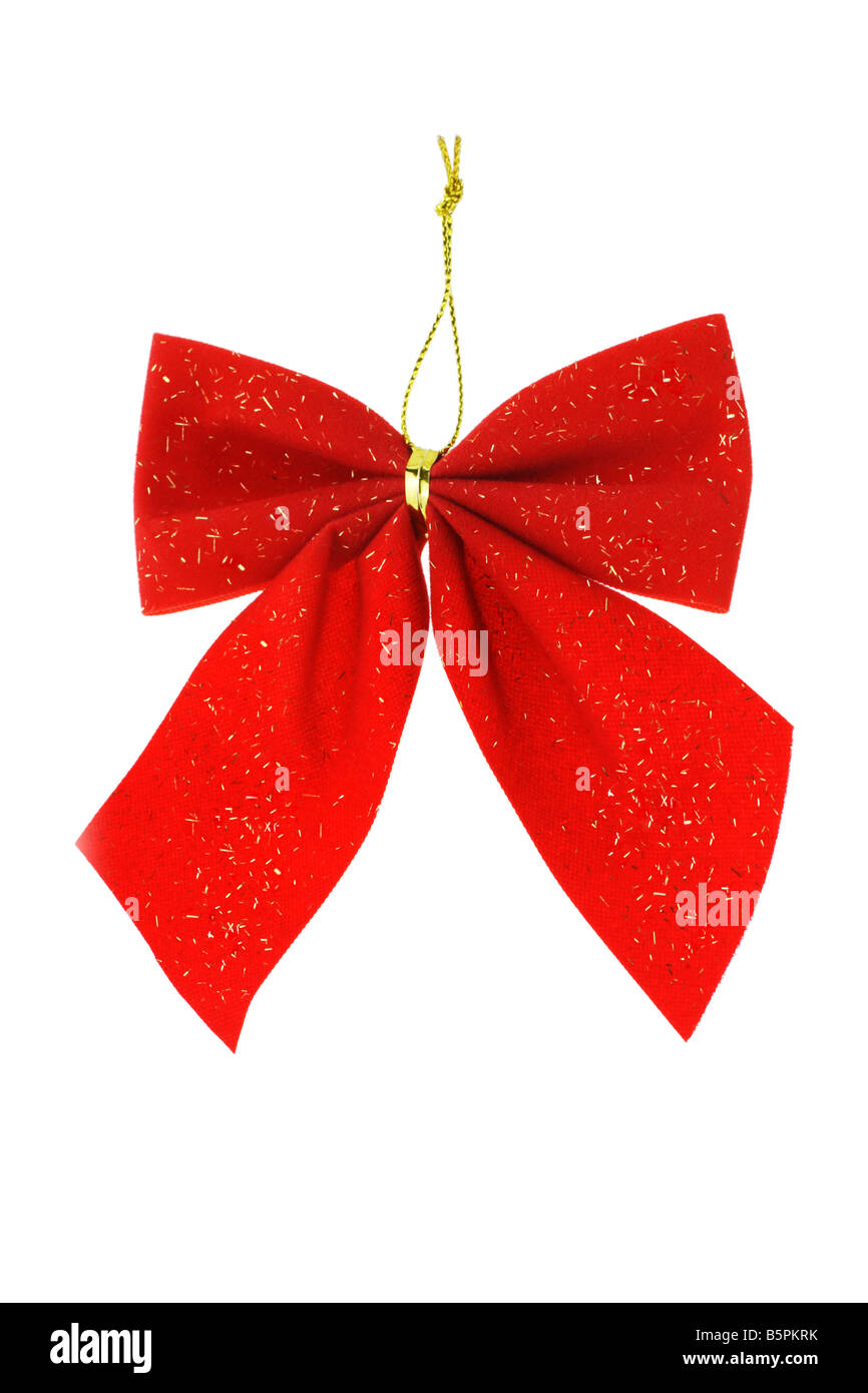Noël ornement rouge ruban bow sur fond blanc Banque D'Images