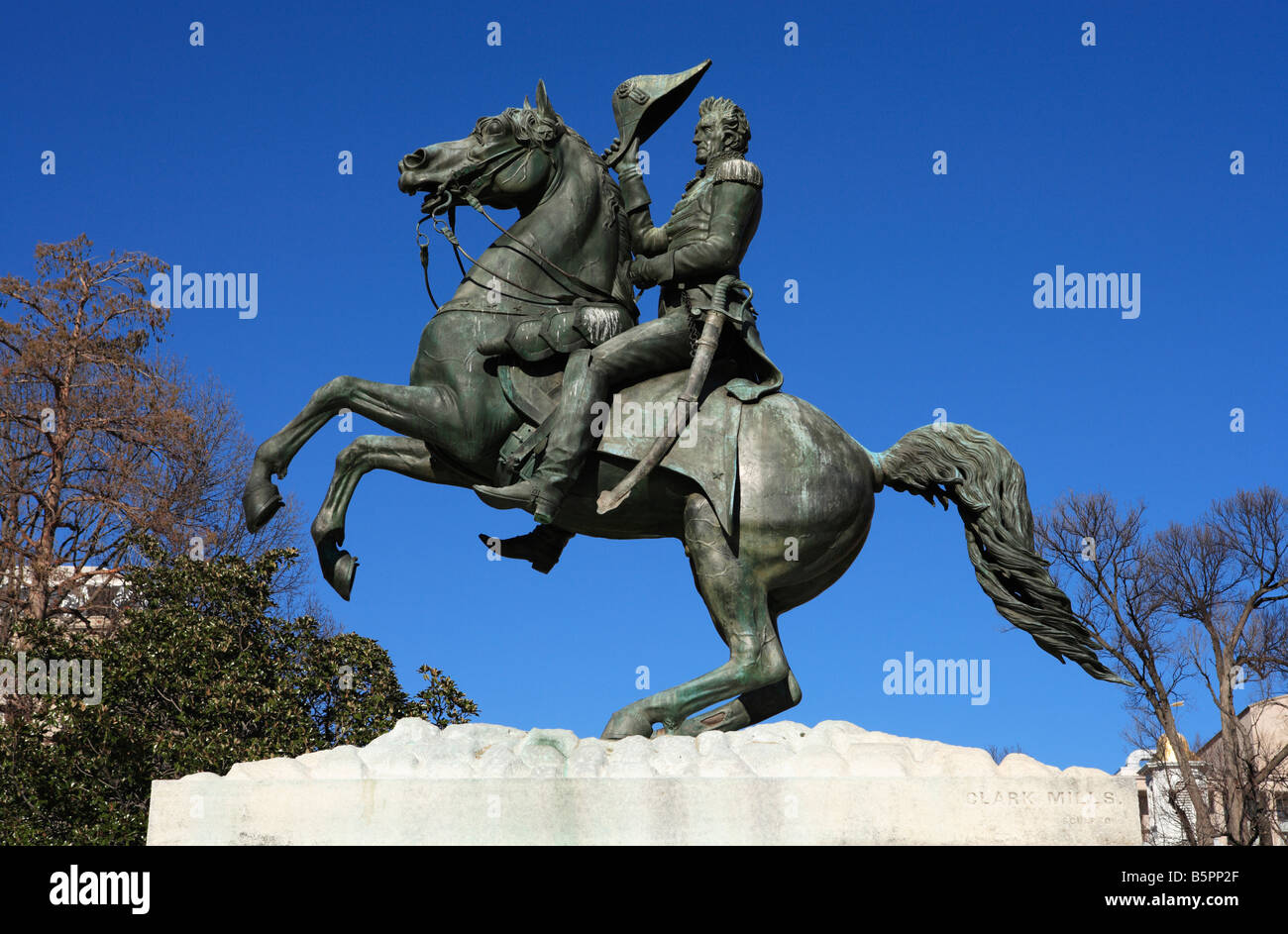 Statue équestre du président américain Andrew Jackson à Lafayette Park, Washington DC. Banque D'Images