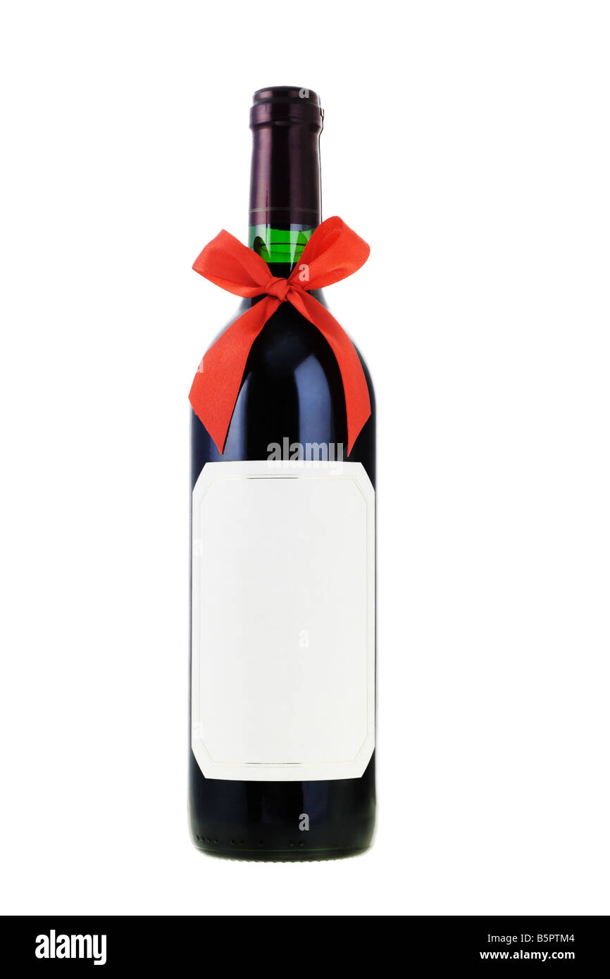 Bouteille de vin rouge décoré de ruban bow on white Banque D'Images