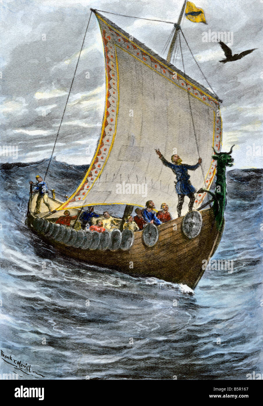 Les scandinaves en mer après leur raven pilote. La main, d'une illustration de demi-teinte Banque D'Images