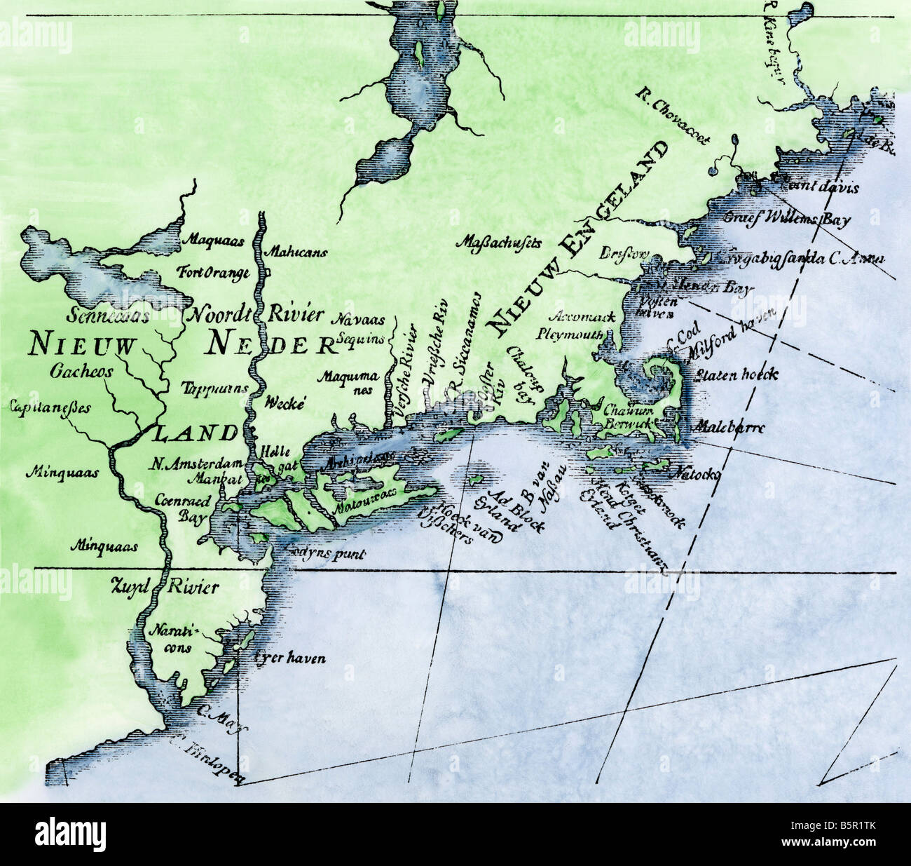 New Netherland et Nouvelle Angleterre vers 1630. À la main, gravure sur bois Banque D'Images
