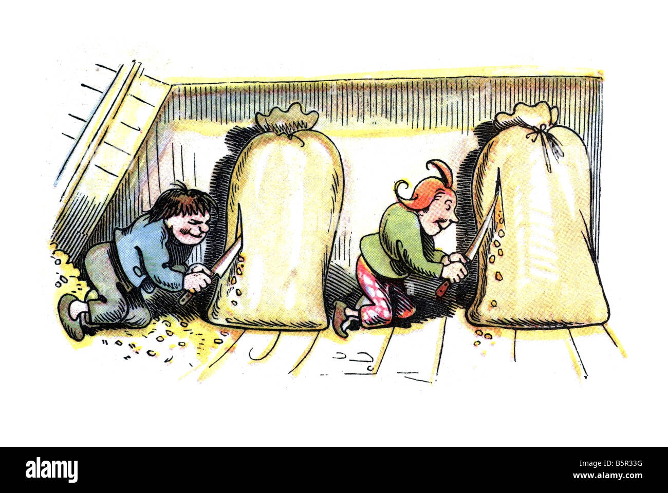 Max & Moritz découper des trous dans un sac, Max et Moritz une histoire de sept farces de gamin Christian Heinrich Wilhelm Busch 1865 Banque D'Images