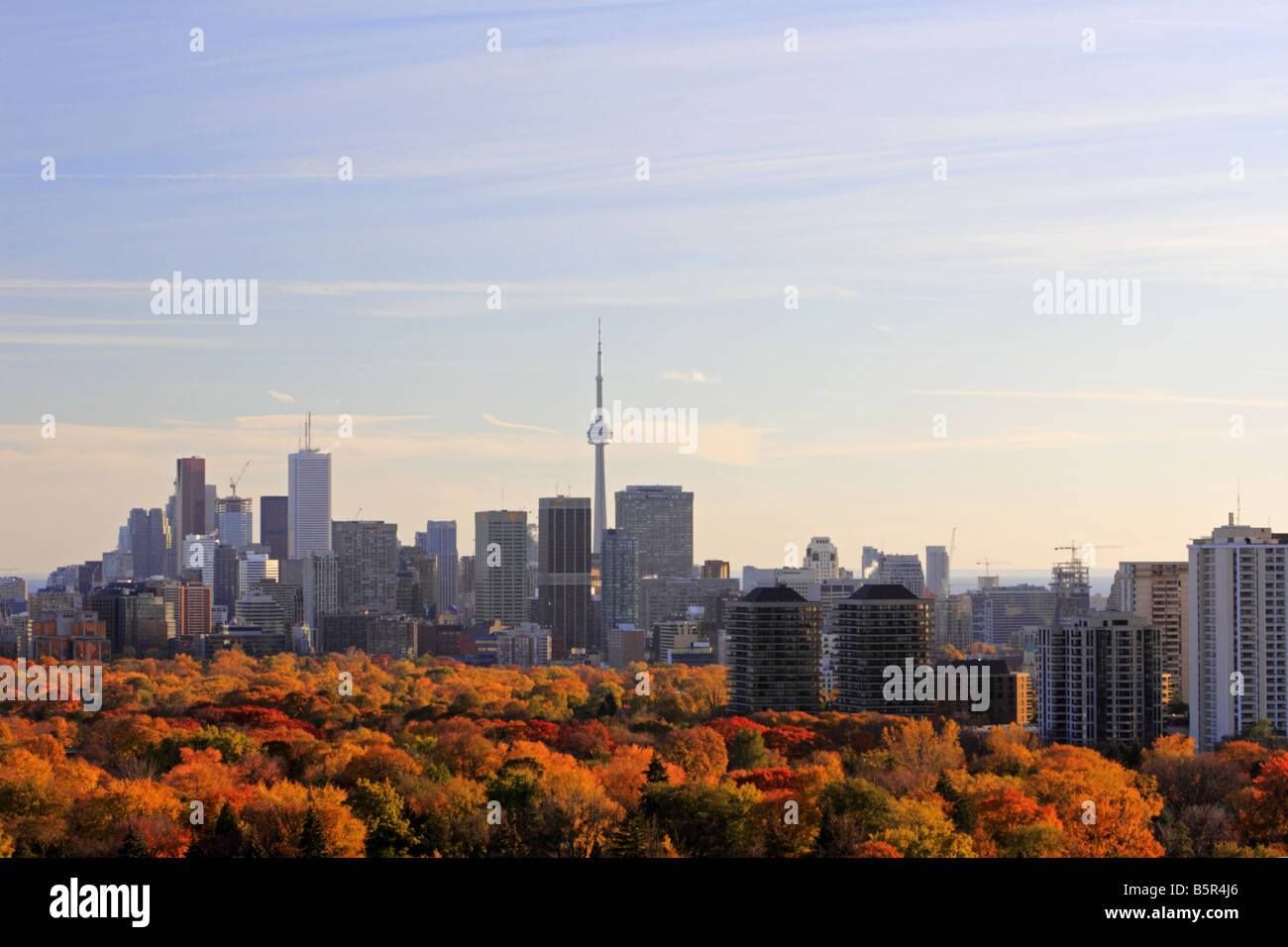 Fallcolor brillant et Toronto skyline de nord au coucher du soleil, avec le cimetière Mount Pleasant en premier plan Banque D'Images