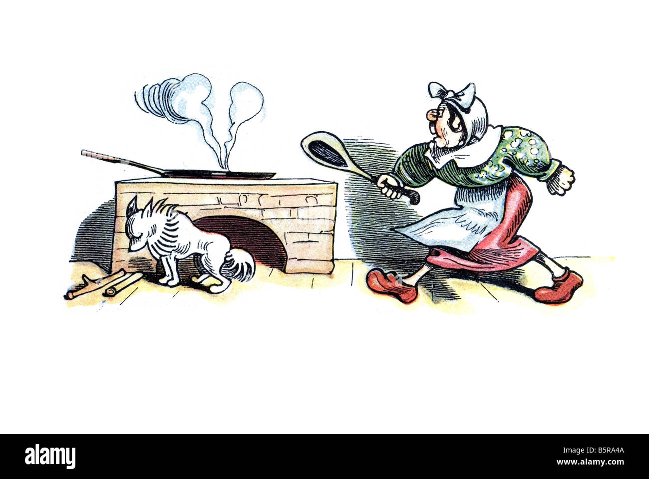 Veuve Bolte Spitz chien croit manger les poussins, Max et Moritz une histoire de sept farces de gamin Wilhelm Busch 1865 Banque D'Images