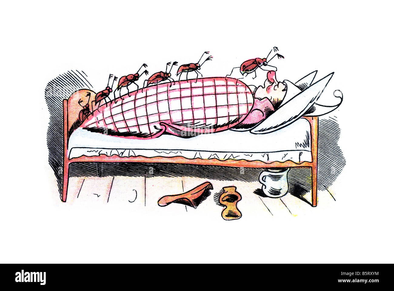 Coléoptère peut grimper sur l'oncle Fritz bed, Max et Moritz une histoire de sept farces de gamin Christian Heinrich Wilhelm Busch 1865 Banque D'Images